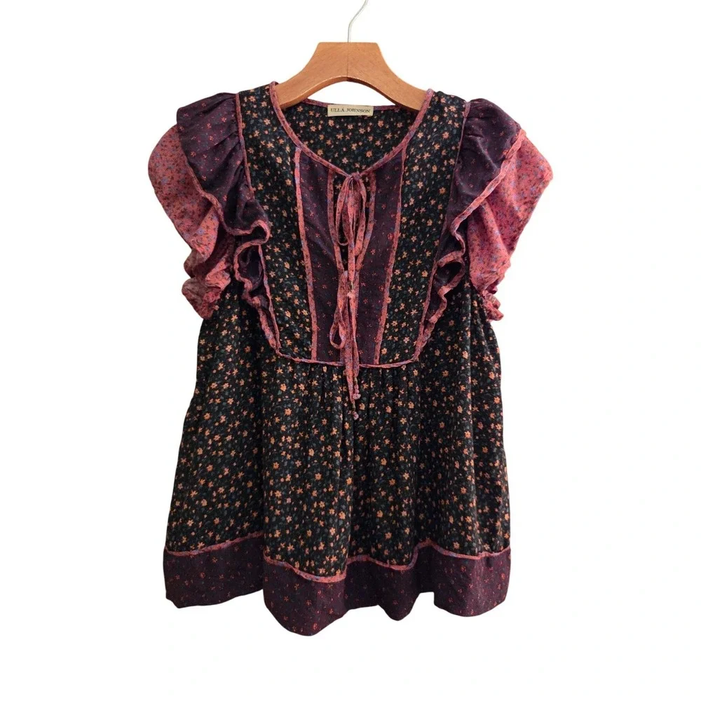 Ulla Johnson Cora Top Auburn Palette Mixed Floral Ruffle Puff Sleeve Blouse Sz 2
